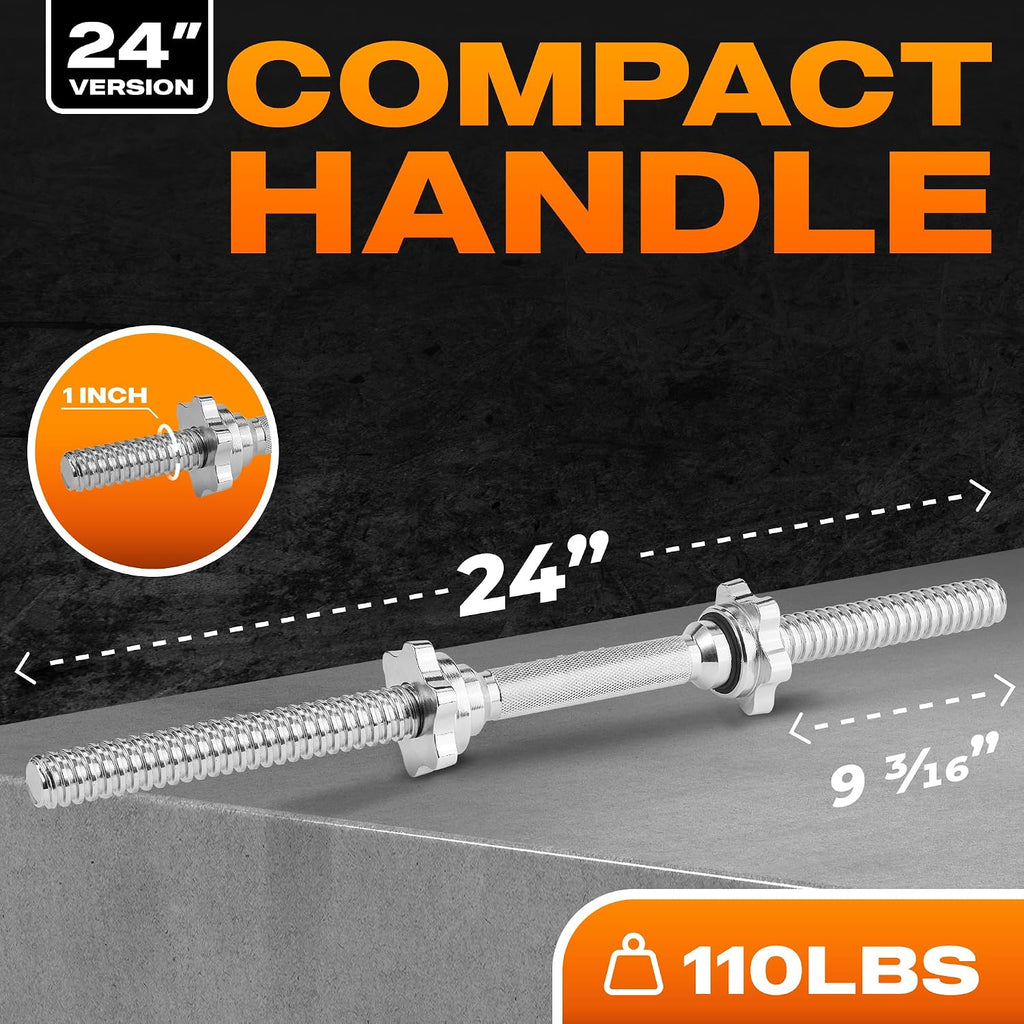 Pair of Threaded Dumbbell Handles with Collars 14/16/18/24 Inch, Chrome/Rubber Grip, Fit 1”/ 1.15" Plates, Weight Bar Connector