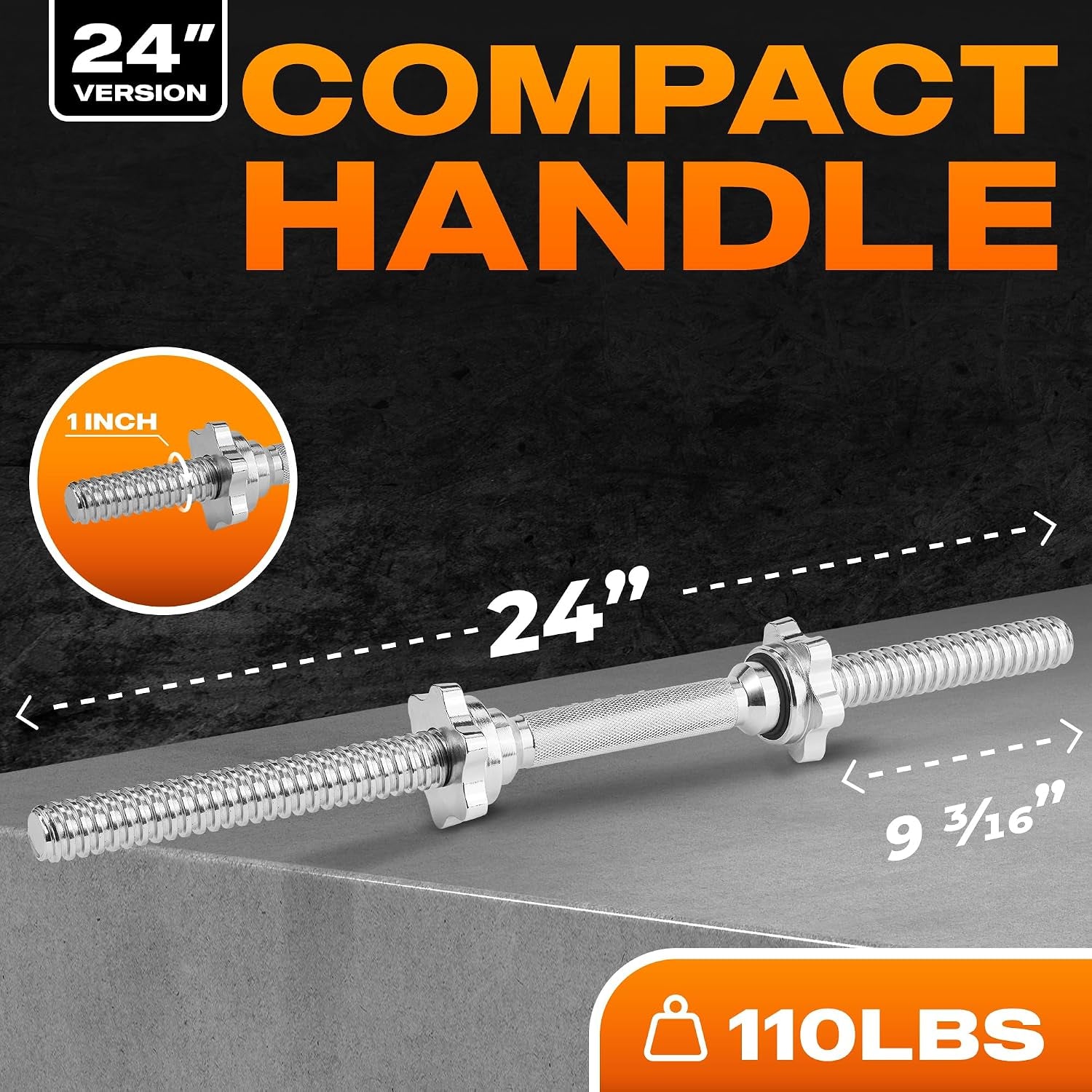 Pair of Threaded Dumbbell Handles with Collars 14/16/18/24 Inch, Chrome/Rubber Grip, Fit 1”/ 1.15" Plates, Weight Bar Connector