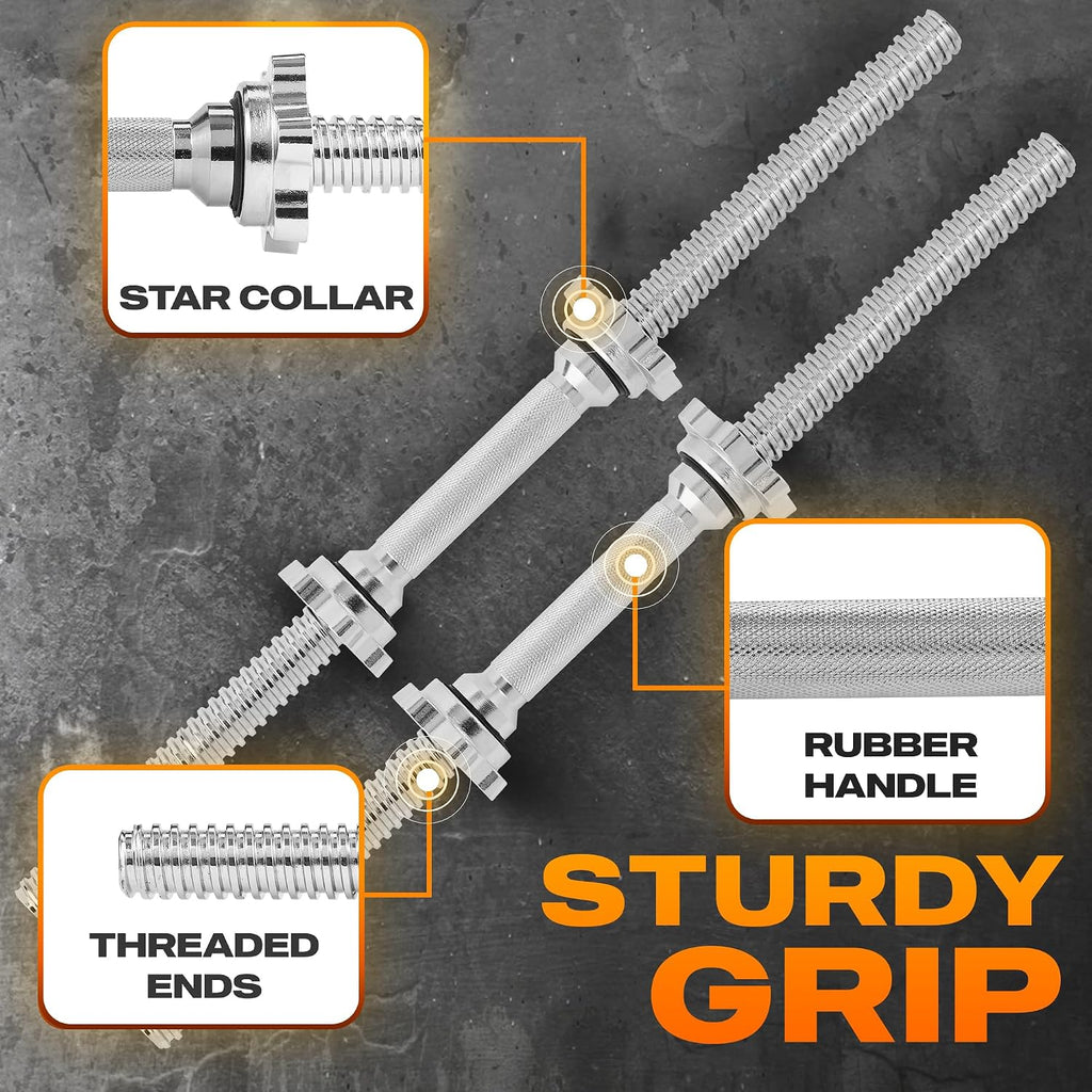 Pair of Threaded Dumbbell Handles with Collars 14/16/18/24 Inch, Chrome/Rubber Grip, Fit 1”/ 1.15" Plates, Weight Bar Connector