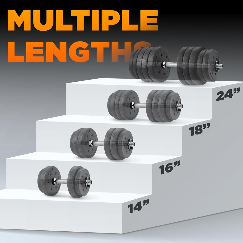 Pair of Threaded Dumbbell Handles with Collars 14/16/18/24 Inch, Chrome/Rubber Grip, Fit 1”/ 1.15" Plates, Weight Bar Connector