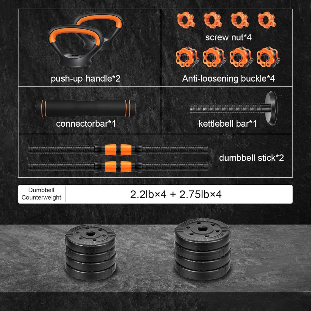Adjustable Dumbbell Set, 22/44/66/88Lbs Free Weights, 4-In-1 Barbell & Kettlebell Set, Non-Slip Handles, Fitness for Men & Women